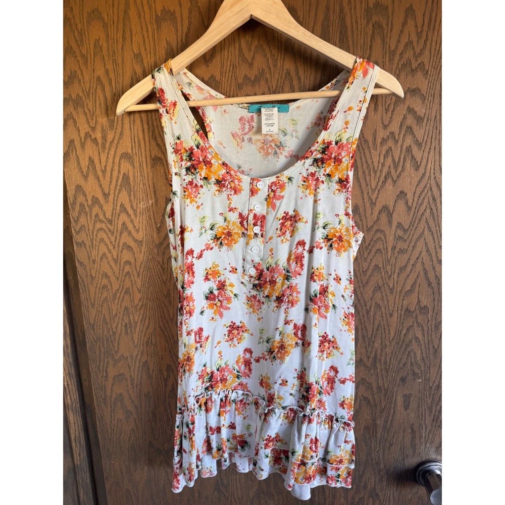 Turquoise Haven Floral‎ Henley Tank Top Small Ruffle Hem Boho Sleeveless R1310